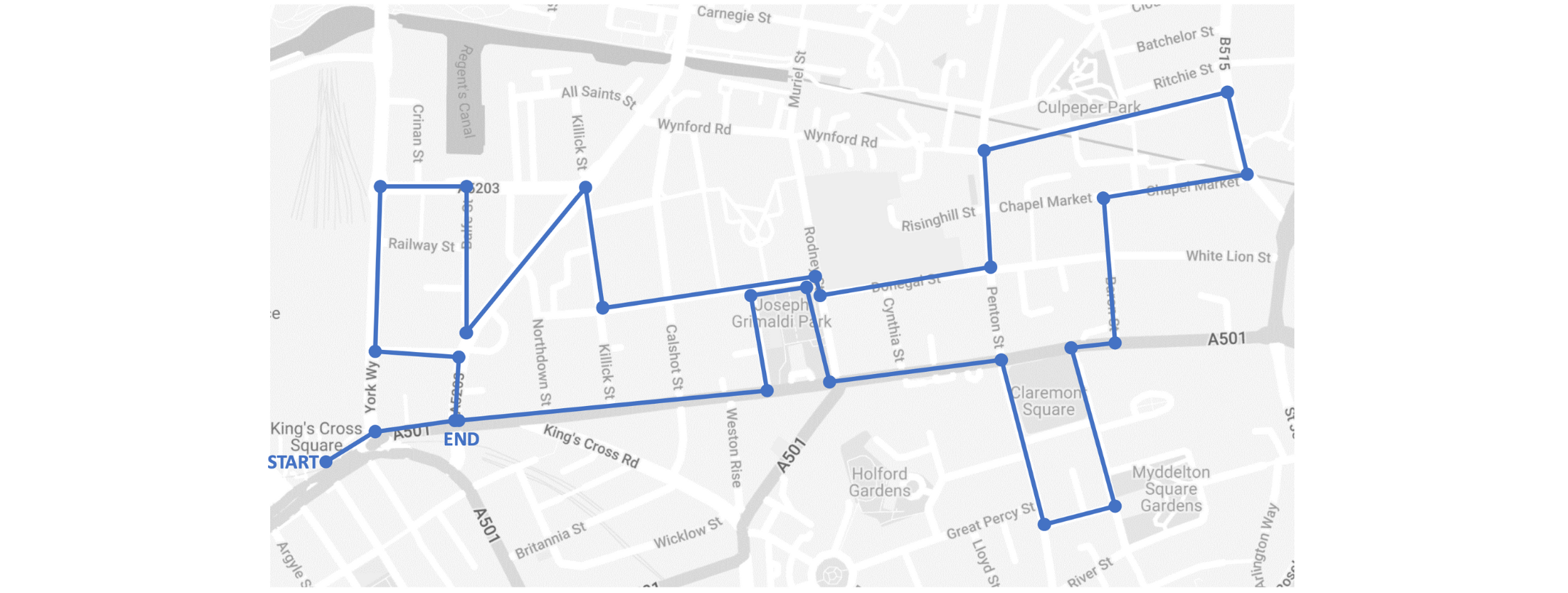 A map of the streetwalk route beginning at Kings Cross Station and circling back around, passing RNIB's office and incorporating a mix of residential and commercial streets.