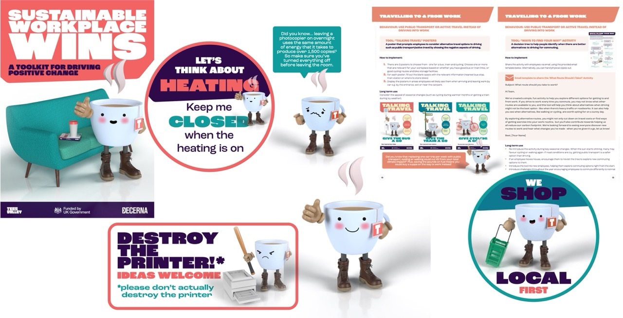 A series of screenshots of different intervention ideas featuring Brew, including a door sticker saying 'Keep me closed when the heating is on', 'another that says 'We shop local first', a 'Destroy the printer' with Brew at printer with a baseball bad. Plus a screenshot of the toolkit cover and an inside page which is unreadable, as the writing is small.