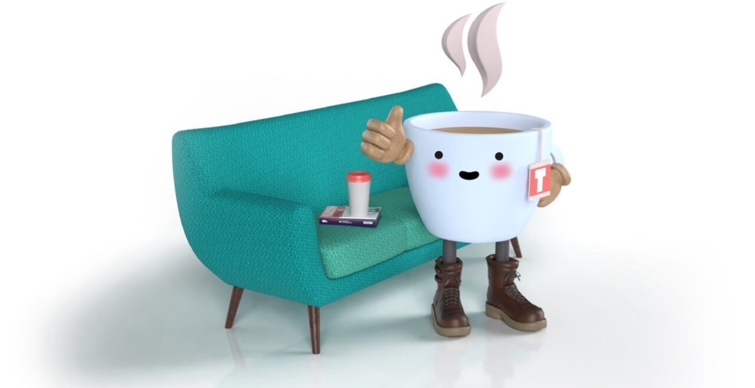 A 3D animal of a teacup character with brown boots on and a smiley face. He has his thumb up and is standing by a blue sofa with a copy of the toolkit on it and a reusable coffee cup.